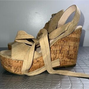 💗Beige Suede Cork Wedge Heels with Ankle Tie Straps
